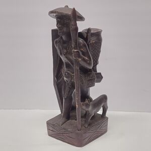 Vintage Indonesian Tribal Hand Carved‎ Wooden Warrior Hunter With Dog Figurine